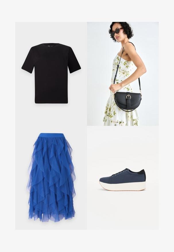 Črna majica s kratkimi rokavi in okroglim izrezom, izdelana iz mehkega bombažnega materiala. Preprost dizajn, brez vidnih logotipov ali vzorcev.; Modra večslojevna tila krila s valovitim dizajnom, ki ima širok pas in mehko, prosojno teksturo. Volančki ustvarjajo obsežen videz.; Temno modri športni copati z teksturirano zgornjščino, bela platforma, okrogla konica in črn naglas na peti. Imajo šest lukenj za vezalke.; Črna usnjena torbica s ukrivljeno obliko, z odstranljivo naramnico in zlatimi dodatki. Torbica ima pokrov s podrobnostmi v obliki zaponke.