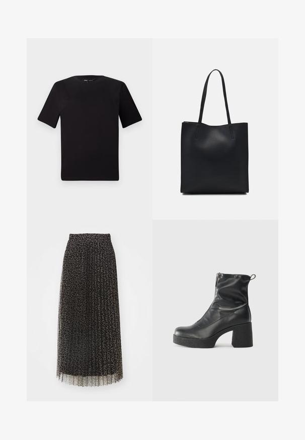 Melnas īsām piedurknēm T-krekls ar apaļu kakla izgriezumu, izgatavots no mīksta kokvilnas auduma. Vienkāršs dizains, bez redzamām logo vai rakstiem.; Melna tilla pludmalē atdalīta maxi svārki ar leopardu rakstu. Iezīmes elastīga jostasvieta un puscaurspīdīga tekstūra.; Melni potītes zābaki, kas izgatavoti no gludas ādas, ar sānu rāvējslēdzēju, masīvu strukturētu papēdi un noapaļotu purngalu.; Melnas ādas somiņa ar gludu tekstūru, taisnstūra formu un divām garām rokturiem. Nav redzamu aparatūras vai rotājumu.