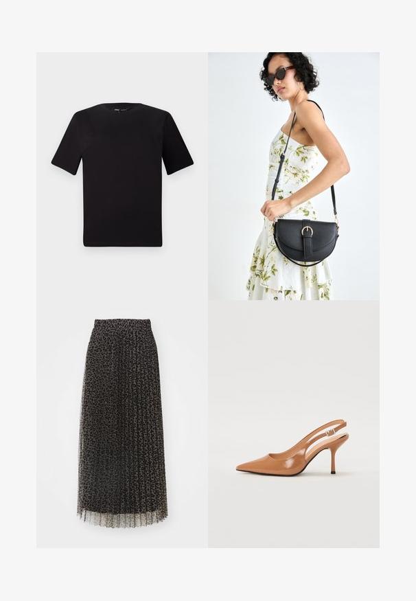 Czarna koszulka z krótkim rękawem o okrągłym dekolcie, wykonana z miękkiej bawełny. Prosty design, bez widocznych logo ani wzorów.; Plisowana maxi spódnica z czarnej tiulu w wzór w panterkę. Posiada elastyczny pasek w talii i półprzezroczystą fakturę.; Sandały na obcasie z kwadratowym noskiem, wykonane z gładkiego, błyszczącego materiału w kolorze brązowym. Charakteryzują się zaokrąglonym wycięciem i smukłym obcasem typu stiletto. Detal w postaci srebrnej klamry.; Czarna skórzana torebka o zakrzywionym kształcie, z odpinanym paskiem i złotymi akcentami. Torebka posiada klapę z zapięciem w kształcie klamry.