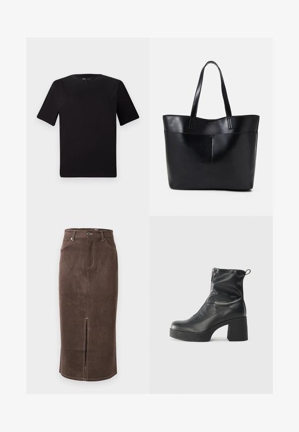 Crna majica kratkih rukava s okruglim izrezom, izrađena od mekane pamučne tkanine. Jednostavan dizajn, bez vidljivih logotipa ili uzoraka.; Smeđa suknja od ante s prednjim prorezom, kontrastnim bijelim šavovima i klasičnim dizajnom s pet džepova. Klasično kopčanje na gumbe u struku.; Crne gležnjače od glatke kože, s bočnim zatvaračem, debelim teksturiranim potplatom i dizajnom s zaobljenim prstima.; Crna kožna torba s dugim ručkama, glatkom teksturom i strukturiranim oblikom. Ima prednju džep za dodatno pohranu.