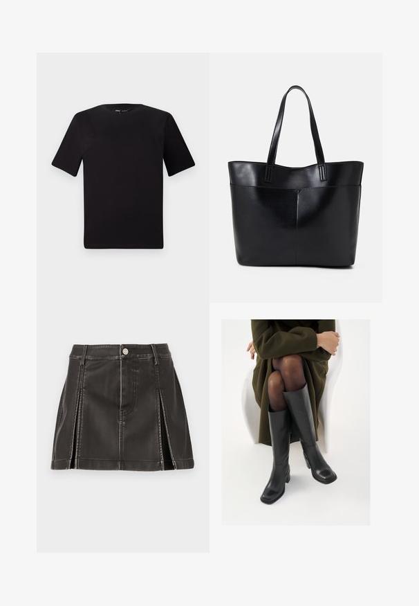 T-shirt preta de mangas curtas com decote redondo, feita de tecido de algodão suave. Design simples, sem logótipos ou padrões visíveis.; Saia de imitação de couro preta com cintura alta, apresentando detalhes cosidos e pregas laterais. Fecho com botão metálico na parte da frente.; Botas de couro pretas até ao joelho com biqueira quadrada e salto em bloco, apresentadas com um modelo sentado num casaco verde-azeitona. Textura lisa, com detalhes mínimos.; Bolsa tote preta em couro com duas alças longas, textura suave e forma estruturada. Apresenta um bolso frontal para armazenamento adicional.