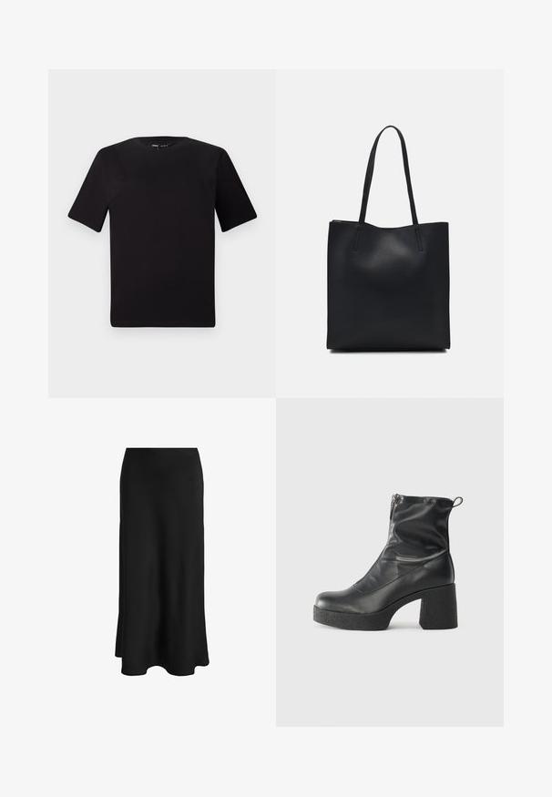 Sort kortærmet t-shirt med rund halsudskæring, lavet af blødt bomuldsstof. Enkel design, ingen synlige logoer eller mønstre.; Sort nederdel lavet af glat stof; har en tætsiddende talje og en udflydende kant, hvilket skaber en slank, lige silhuet uden synlige lukkemekanismer.; Sorte ankelstøvler lavet af glat læder, med en sidelukning, kraftig struktureret hæl og rundt tådesign.; Sort læder tote taske med glat tekstur, rektangulær form og to lange hanke. Ingen synlig hardware eller udsmykninger.