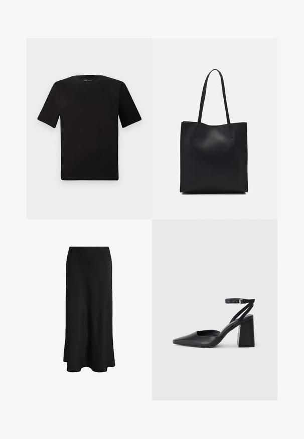 Sort kortærmet t-shirt med rund halsudskæring, lavet af blødt bomuldsstof. Enkel design, ingen synlige logoer eller mønstre.; Sort nederdel lavet af glat stof; har en tætsiddende talje og en udflydende kant, hvilket skaber en slank, lige silhuet uden synlige lukkemekanismer.; Sort læder spidse pumps med ankelrem og en chunky hæl. Flad tekstur, slankt design og minimalistisk æstetik.; Sort læder tote taske med glat tekstur, rektangulær form og to lange hanke. Ingen synlig hardware eller udsmykninger.
