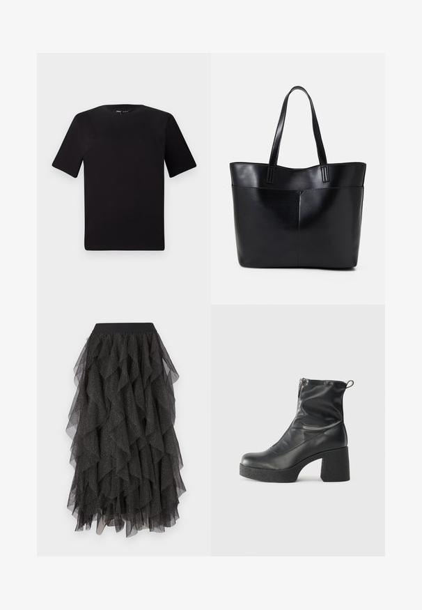Tricou scurt negru cu mânecă scurtă și guler rotund, realizat dintr-un material de bumbac moale. Design simplu, fără logo-uri sau modele vizibile.; Fustă din tull cu straturi, de culoare neagră, cu straturi ondulate și un model strălucitor cu puncte argintii. Dispune de un brâu elastic negru.; Bocanci negri de glezna din piele netedă, cu fermoar lateral, toc texturat și masiv, și design cu vârf rotund.; Geantă oversized din piele neagră, cu două mânere lungi, de textură netedă și formă structurată. Are un buzunar frontal pentru stocare suplimentară.
