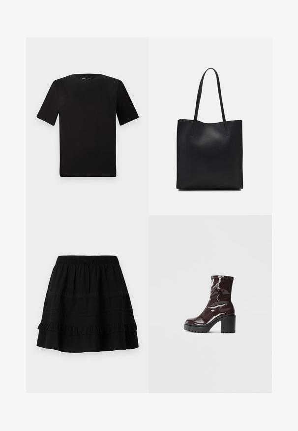 T-shirt preta de mangas curtas com decote redondo, feita de tecido de algodão suave. Design simples, sem logótipos ou padrões visíveis.; Saia preta de algodão com um design de volantes em camadas, apresentando uma cintura elástica e enfeites de costura em contraste e faixas de renda.; Bota de tornozelo burgundy brilhante com um salto preto robusto, apresentando uma textura suave e um design simples. Sem fechos ou padrões visíveis.; Bolsa tote preta em couro com textura lisa, forma retangular e duas alças longas. Sem hardware ou enfeites visíveis.