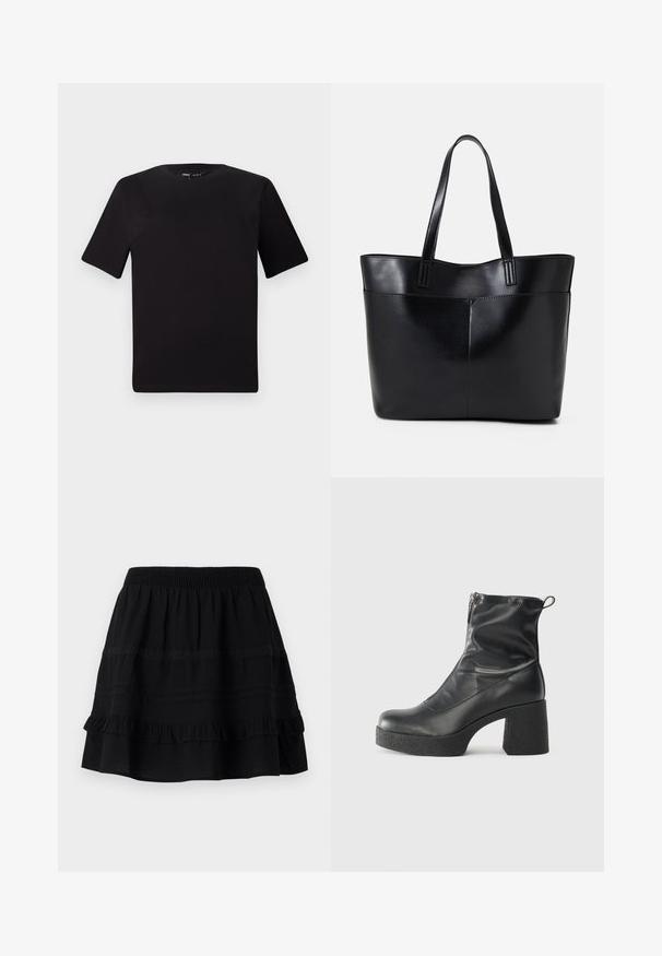 Čierne tričko s krátkym rukávom a okrúhlym výstrihom, vyrobené z mäkkej bavlny. Jednoduchý dizajn, bez viditeľných log alebo vzorov.; Čierna bavlnená sukňa s vrstveným volánovým dizajnom, s elastickým pásom a ozdobami z kontrastného stehu a čipkových pásov.; Čierne členkové topánky z hladkej kože, so bočným zipsom, robustnou textúrovanou pätnou časťou a zaobleným dizajnom špičky.; Čierna kožená tote taška s dvoma dlhými rúčkami, hladkým povrchom a štruktúrovaným tvarom. Obsahuje prednú kapsu pre dodatočné uskladnenie.