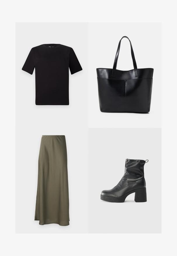 T-shirt noir à manches courtes avec un col rond, fabriqué en coton doux. Design simple, sans logos ni motifs visibles.; Jupe maxi vert olive en tissu lisse et fluide avec une fente sur le côté et une taille élastique pour le confort. Aucun motif ni détail en métal.; Bottes noires à la cheville en cuir lisse, dotées d'une fermeture éclair sur le côté, d'un talon épais texturé et d'une conception à bout rond.; Sac fourre-tout en cuir noir avec deux longues poignées, une texture lisse et une forme structurée. Dispose d'une poche avant pour un rangement supplémentaire.