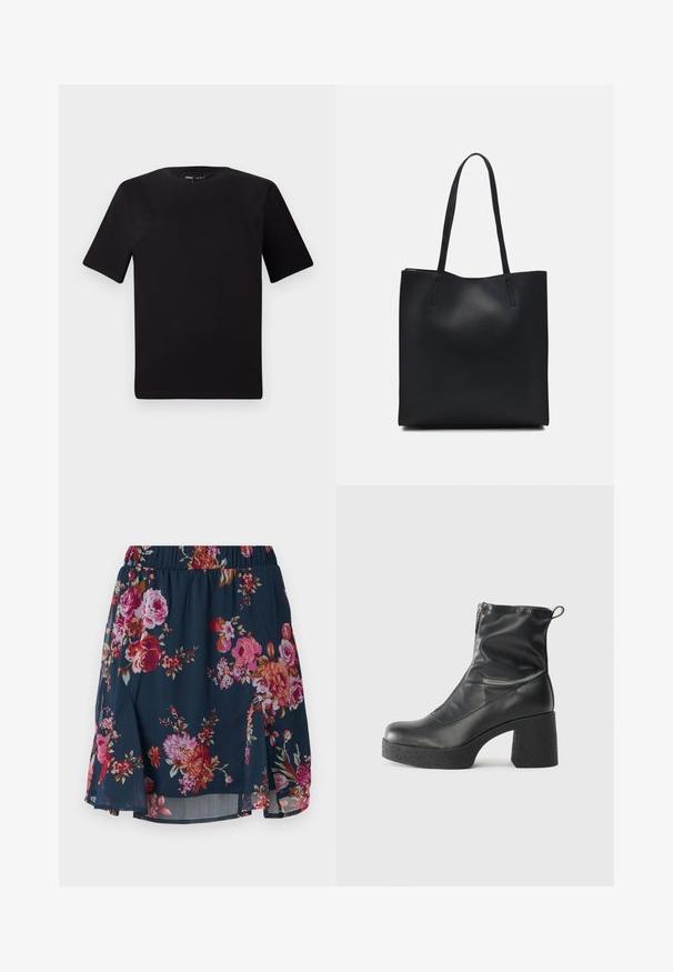 Black short-sleeve t-shirt with a round neckline, crafted from soft cotton fabric. Simple design, no visible logos or patterns.; Floral skirt in navy fabric with pink, red, and orange flowers. Features an elastic waistband and flared design with side slits.; Black ankle boots made of smooth leather, featuring a side zipper, chunky textured heel, and rounded toe design.; Black leather tote bag with smooth texture, rectangular shape, and two long handles. No visible hardware or embellishments.