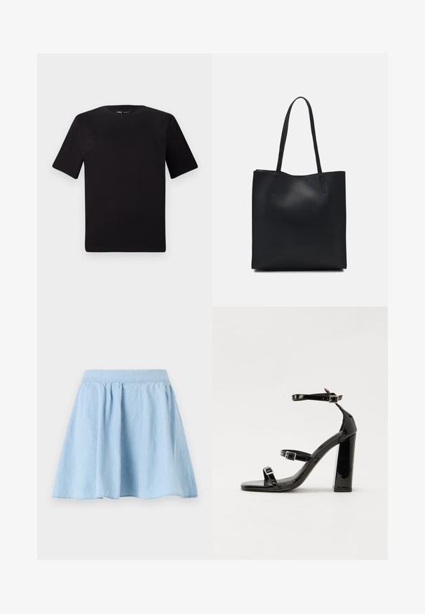 Melnas īsām piedurknēm T-krekls ar apaļu kakla izgriezumu, izgatavots no mīksta kokvilnas auduma. Vienkāršs dizains, bez redzamām logo vai rakstiem.; Gaiši zilas džinsu svārki ar izvērstu dizainu, savāktā jostas līnija un gluda tekstūra. Apakšmalai ir maiga izliekuma forma.; Melnas lakotas augstpapēžu čības ar kvadrāta purngalu, potīšu siksniņām un sudraba sprādzēm. Aprīkotas ar masīvu bloku papēdi stabilitātei.; Melnas ādas somiņa ar gludu tekstūru, taisnstūra formu un divām garām rokturiem. Nav redzamu aparatūras vai rotājumu.