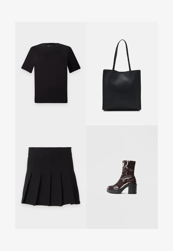 Must olema lühikeste varrukatega must t-särk ümmarguse kaelusega, valmistatud pehmest puuvillast kangast. Lihtne disain, ilma nähtavate logode või mustriteta.; Must mustriba mustriga vööga, valmistatud sujuvast kangast. Omab mitmeid vertikaalseid voldikesi struktureeritud silueti jaoks.; Klakav läikiv burgundi värvi pahkluu saabas, millel on paks must konts, sile tekstuur ja lihtne disain. Nähtavad kinnitused või mustrid puuduvad.; Mustast nahast kott sujuva tekstuuriga, ristkülikukujuline ja kahe pika sangaga. Pole nähtavat riistvara ega kaunistusi.