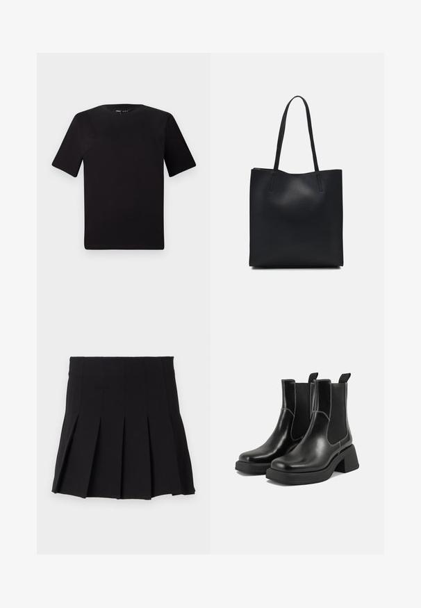 Must olema lühikeste varrukatega must t-särk ümmarguse kaelusega, valmistatud pehmest puuvillast kangast. Lihtne disain, ilma nähtavate logode või mustriteta.; Must mustriba mustriga vööga, valmistatud sujuvast kangast. Omab mitmeid vertikaalseid voldikesi struktureeritud silueti jaoks.; Must musta Chelsea saapad, millel on paks konts, elastsed külgpaneelid ja kontrastne valge õmblus. Tekstuuriga viimistlus.; Mustast nahast kott sujuva tekstuuriga, ristkülikukujuline ja kahe pika sangaga. Pole nähtavat riistvara ega kaunistusi.