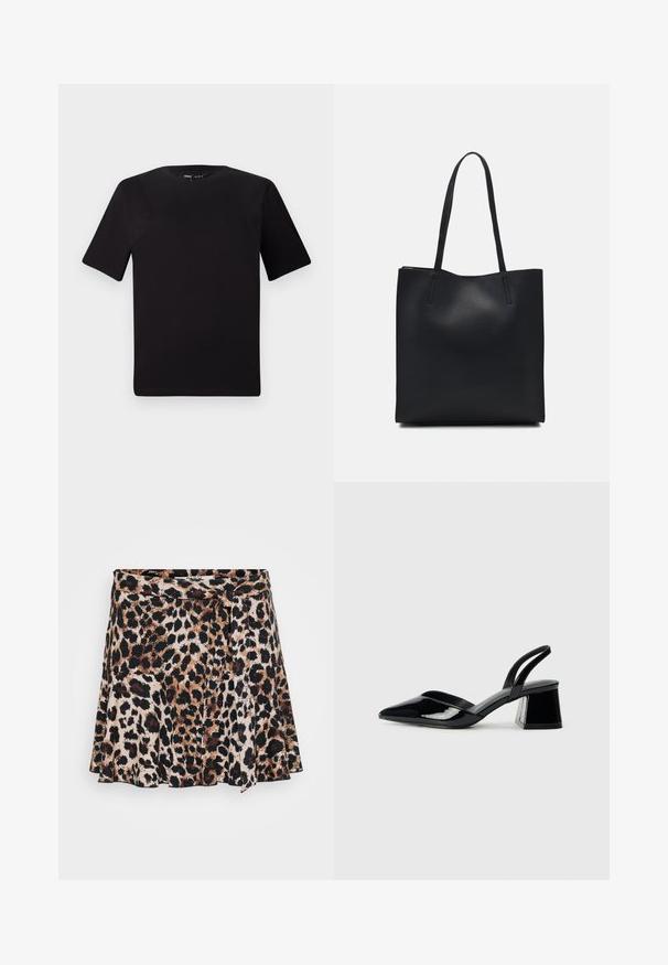 Juodas trumpas rankovės marškinėlis su apvaliu iškirpimu, pagamintas iš minkštos medvilnės medžiagos. Paprastas dizainas, be matomų logotipų ar raštų.; Leopardų rašto apvyniota sijonas su plačia forma, pasižymintis rudos ir juodos spalvomis ant šviesaus fono. Minkšta medžiaga su lygiu paviršiumi.; Juodos lakuotos odinės šlepetės su smailiu pirštu ir geometriniu bloko kulnu. Turi elegantišką, minimalistinį dizainą ir lygų paviršių.; Juodas odinis tote krepšys su lygia tekstūra, stačiakampio formos ir dviem ilgais rankenomis. Matomų metalinių detalių ar puošybos nėra.