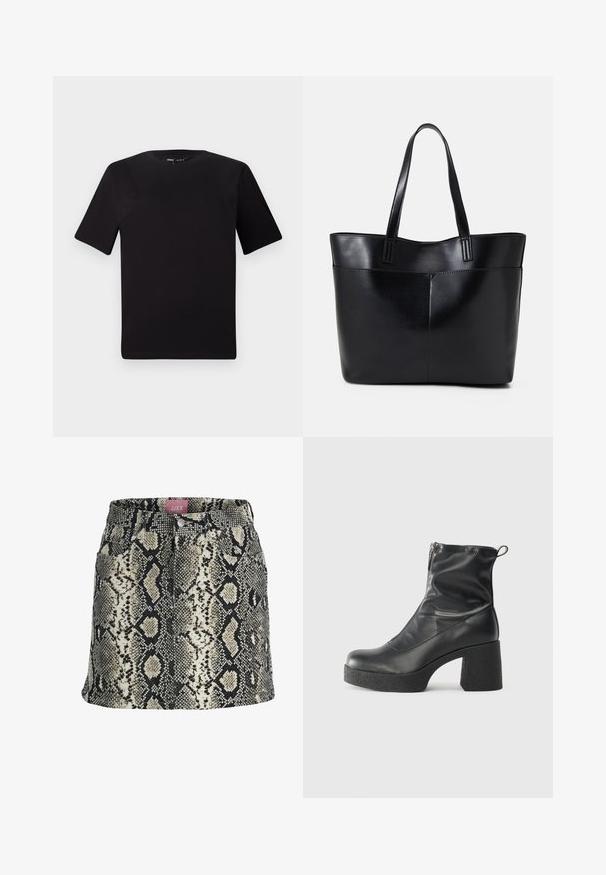 Čierne tričko s krátkym rukávom a okrúhlym výstrihom, vyrobené z mäkkej bavlny. Jednoduchý dizajn, bez viditeľných log alebo vzorov.; Sukňa s priliehavým strihom v béžovom a čiernom hadom vzore, so zapínaním na gombík, pútkami na opasok a štyrmi funkčnými vreckami.; Čierne členkové topánky z hladkej kože, so bočným zipsom, robustnou textúrovanou pätnou časťou a zaobleným dizajnom špičky.; Čierna kožená tote taška s dvoma dlhými rúčkami, hladkým povrchom a štruktúrovaným tvarom. Obsahuje prednú kapsu pre dodatočné uskladnenie.