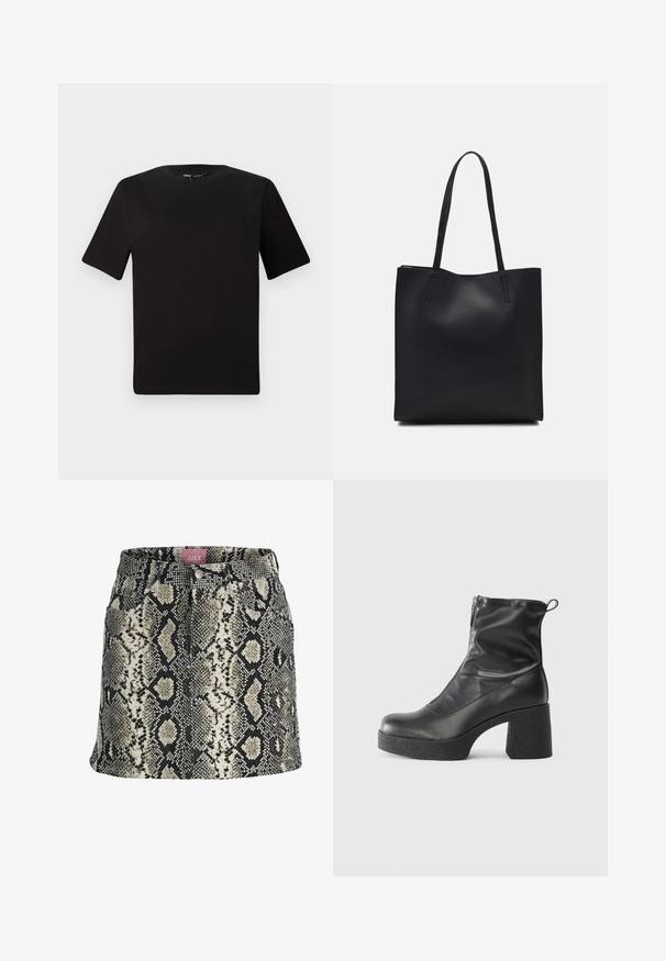 Černé tričko s krátkým rukávem a kulatým výstřihem, vyrobené z měkké bavlněné látky. Jednoduchý design, žádné viditelné logo nebo vzory.; Sukně na tělo v béžovém a černém hadím vzoru se zapínáním na knoflíky, poutky na pásek a čtyřmi funkčními kapsami.; Černé kotníkové boty vyrobené z hladké kůže, s bočním zipem, robustním strukturovaným podpatkem a kulatou špičkou.; Černá kožená taška přes rameno s hladkým povrchem, obdélníkovým tvarem a dvěma dlouhými uchy. Žádné viditelné kování ani ozdoby.