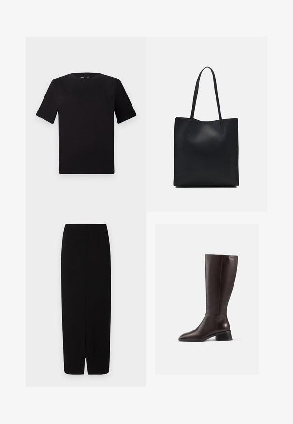 Black short-sleeve t-shirt with a round neckline, crafted from soft cotton fabric. Simple design, no visible logos or patterns.; Black pencil skirt made of smooth fabric, featuring a high waist, two front pleats, and a slit at the hem for ease of movement.; Knee-high brown leather boots with a smooth finish, rounded toe, and a stacked black heel. Simple design with minimal hardware details.; Black leather tote bag with smooth texture, rectangular shape, and two long handles. No visible hardware or embellishments.