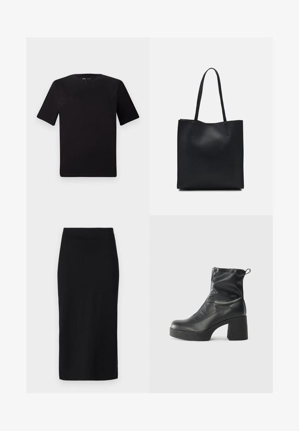 Schwarzes T-Shirt mit kurzen Ärmeln und Rundhalsausschnitt, aus weichem Baumwollmaterial gefertigt. Schlichtes Design, keine sichtbaren Logos oder Muster.; Schwarzer knielanger Rock aus glattem Stoff, der ein enganliegendes Design mit einem unauffälligen Bund und ohne sichtbare Verschlüsse oder Taschen aufweist.; Schwarze Stiefeletten aus glattem Leder mit seitlichem Reißverschluss, klobigem strukturiertem Absatz und runder Zehenform.; Schwarze Laptoptasche aus Leder mit glatter Textur, rechteckiger Form und zwei langen Griffen. Keine sichtbaren Beschläge oder Verzierungen.