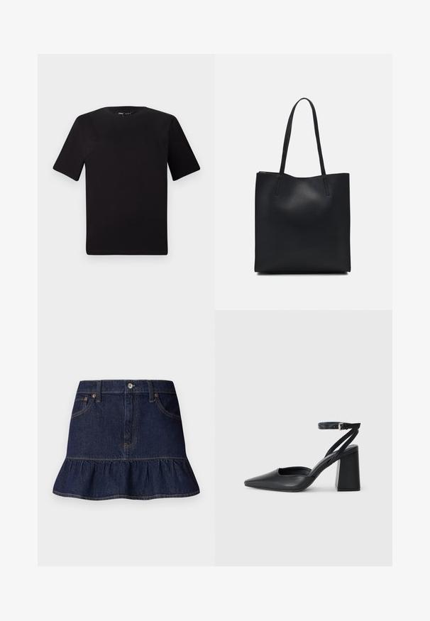 Zwarte T-shirt met korte mouwen en een ronde hals, gemaakt van zachte katoenstof. Eenvoudig ontwerp, geen zichtbare logo's of patronen.; Donkerdenim rok met een ruches onderkant, vijf zakken, riemlussen en een sluiting met knopen aan de voorkant. Gladde textuur en rechte snit.; Zwarte leren puntige pump met een enkelbandje en een chunky hak. Vlakke textuur, strakke vormgeving en minimalistische esthetiek.; Zwarte leren handtas met een gladde textuur, rechthoekige vorm en twee lange handvaten. Geen zichtbare hardware of versieringen.