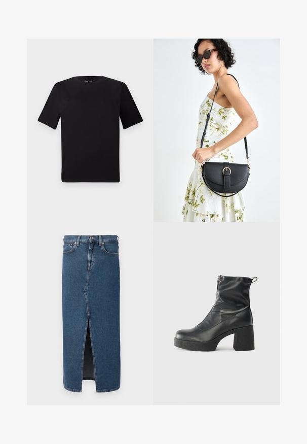 Must olema lühikeste varrukatega must t-särk ümmarguse kaelusega, valmistatud pehmest puuvillast kangast. Lihtne disain, ilma nähtavate logode või mustriteta.; Keskmise sinise värviga denimist pliiatsiseelik, millel on esitasku ja klassikaline viie tasku disain ning nööpiga sulgemine vööl. Sujuv tekstuur.; Mustad mustad ansapüksid, mis on valmistatud siledast nahast, külje zipperiga, paksu tekstuuriga kontsaga ja ümmarguse nina disainiga.; Mustmust mustraha kõverate joontega, eemaldatava rihmaga ja kuldsete detailidega. Kotil on klapp, millel on pandladetail.