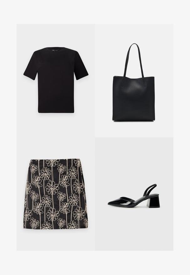 T-shirt noir à manches courtes avec un col rond, fabriqué en coton doux. Design simple, sans logos ni motifs visibles.; Jupe noire ornée de broderies florales blanches avec des motifs en boucle. Texture lisse et forme ajustée, avec des détails de couture visibles.; Escarpins en cuir verni noir avec bout pointu et talon bloc géométrique. Présente un design élégant et minimaliste ainsi qu'une texture lisse.; Sac fourre-tout en cuir noir avec une texture lisse, de forme rectangulaire et deux longues poignées. Pas de matériel ou d'ornementations visibles.