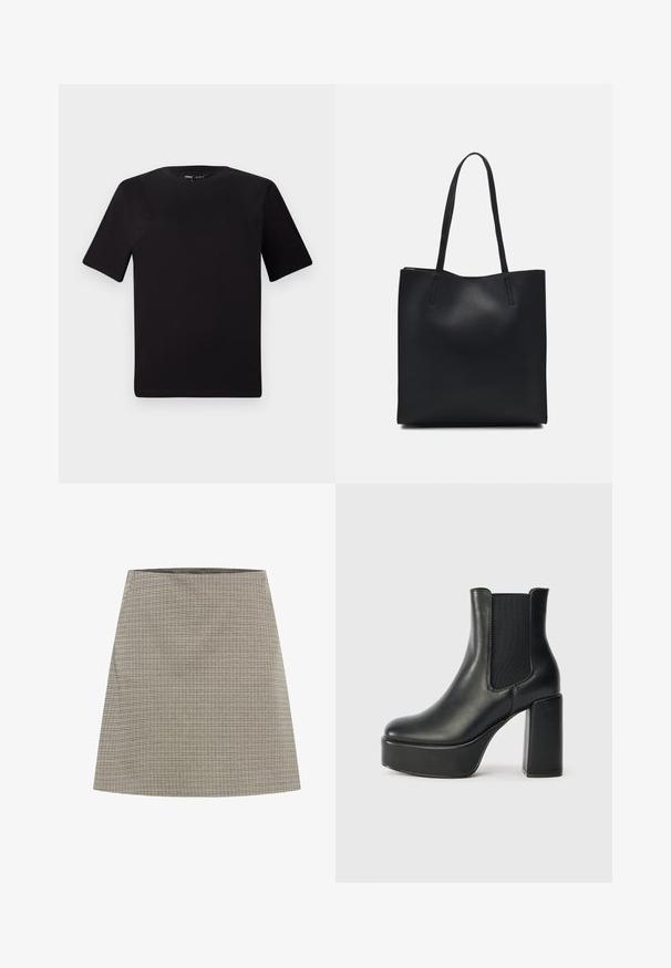 Schwarzes T-Shirt mit kurzen Ärmeln und Rundhalsausschnitt, aus weichem Baumwollmaterial gefertigt. Schlichtes Design, keine sichtbaren Logos oder Muster.; A-Linien-Rock in Grau mit einem kleinen Karomuster. Verfügt über eine glatte Textur und einen schlichten Taillenbund. Fällt über das Knie.; Schwarze Leder-Stiefelette mit klobigem Blockabsatz, elastischen Seitenpaneelen und glatter Oberfläche. Verfügt über eine Plateausohle für zusätzlichen Schwung.; Schwarze Laptoptasche aus Leder mit glatter Textur, rechteckiger Form und zwei langen Griffen. Keine sichtbaren Beschläge oder Verzierungen.