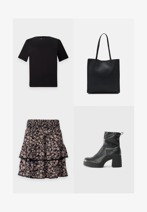 Svart kortärmad t-shirt med rund halsringning, tillverkad i mjukt bomullstyg. Enkelt mönster, utan synliga logotyper eller mönster.; Blommig volangkjol i svart och ljusrosa. Har en smockad midja och spetsdetaljer vid fållen. Tillverkad av lätt viktigt material.; Svarta ankelstövlar i slitstark läder, med sidodragkedja, kraftig strukturerad klack och rundad tådesign.; Svart lädertoffelväska med slät textur, rektangulär form och två långa handtag. Ingen synlig hårdvara eller dekorationer.