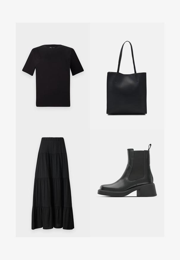 Čierne tričko s krátkym rukávom a okrúhlym výstrihom, vyrobené z mäkkej bavlny. Jednoduchý dizajn, bez viditeľných log alebo vzorov.; Čierna tierovaná maxi sukňa s na gathered pásom, prúdnym dizajnom a hladkou textúrou. Obsahuje tri rôzne vrstvy látky.; Čierne kožené členkové topánky s elastickými bočnými panelmi, zaoblenou špičkou a robustným blokovým opätkom. Hladká textura s minimalistickým dizajnom.; Čierna kožená taška na rameno s hladkým povrchom, obdĺžnikovým tvarom a dvoma dlhými uchami. Bez viditeľného kovania alebo ozdôb.