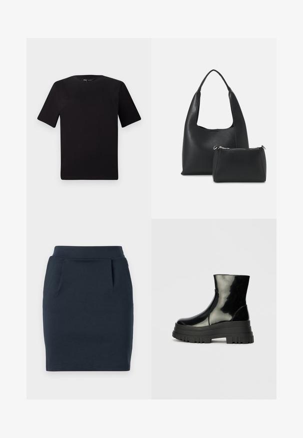 Schwarzes T-Shirt mit kurzen Ärmeln und Rundhalsausschnitt, aus weichem Baumwollmaterial gefertigt. Schlichtes Design, keine sichtbaren Logos oder Muster.; Marineblauer Stretch-Jersey-Rock mit figurbetontem Schnitt, ausgestattet mit einem glatten Taillenbund und zwei Fronttaschen.; Schwarze, glänzende Knöchelstiefel mit dickem Profilsohle und abgerundeter Zehenform, Seitenansicht vor einem schlichten, hellgrauen Hintergrund.; Even&Odd Handtasche - black