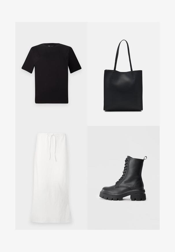 Black short-sleeve t-shirt with a round neckline, crafted from soft cotton fabric. Simple design, no visible logos or patterns.; White linen maxi skirt with an elastic waistband and drawstring. Smooth texture, straight silhouette, and knee-length cut.; Black leather lace-up boots with a chunky sole, rounded toe, and textured upper. Features metal eyelets and a small pull tab on the back.; Black leather tote bag with smooth texture, rectangular shape, and two long handles. No visible hardware or embellishments.