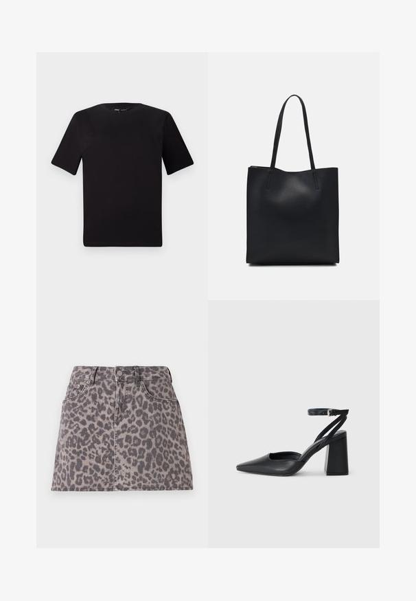 Fekete, rövid ujjú póló, kerek nyakkal, puha pamutból készült. Egyszerű dizájn, nincs látható logó vagy minta.; Szürke árnyalatú leopárdmintás farmer mini szoknya, klasszikus öt zsebes dizájnnal és elöl gombos záródással.; Fekete bőr, hegyes orrú magassarkú cipő boka pánttal és vastag sarokkal. Sima textúra, elegáns dizájn és minimális esztétika.; Fekete bőrtáska sima felszínnel, téglalap alakú, két hosszú füllel. Nincs látható fémkiegészítő vagy díszítés.