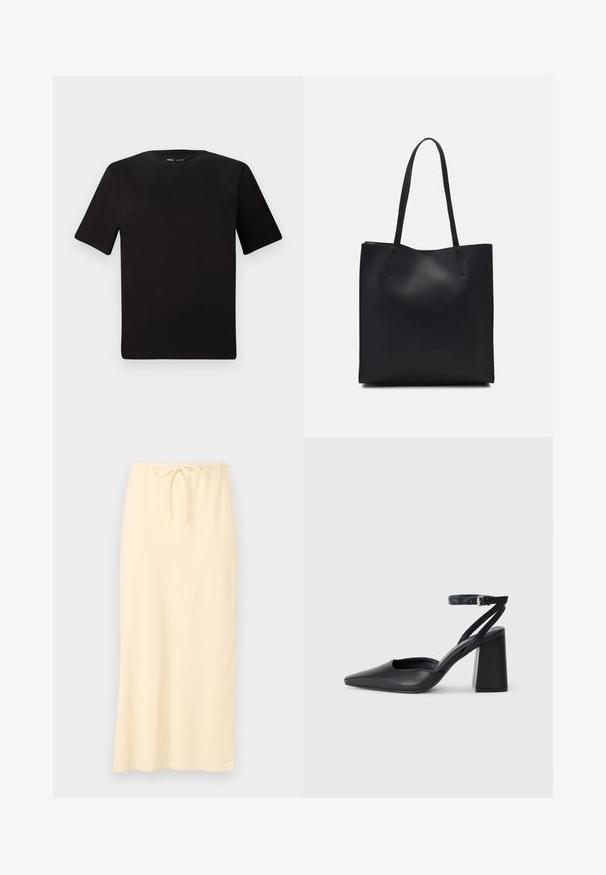 Musta lyhythihainen t-paita pyöreällä kaula-aukolla, valmistettu pehmeästä puuvillakankaasta. Yksinkertainen malli, ei näkyviä logoja tai kuvioita.; Vaaleankeltainen, pitkä hame, joka on valmistettu hengittävästä kankaasta, ja siinä on joustava vyötärö, jossa on nauha säädettävää istuvuutta varten. Sujuva pinta, ilman kuvioita.; Mustat nahkakengät, joissa on kapea kärki, nilkkaremmi ja paksu korko. Tasainen pinta, tyylikäs muotoilu ja minimalistinen estetiikka.; Mustapahkainen kangaskassi, jossa on sileä pinta, suorakaiteen muotoinen ja kaksi pitkää kahvaa. Ei näkyvää metalliosaa tai koristeita.