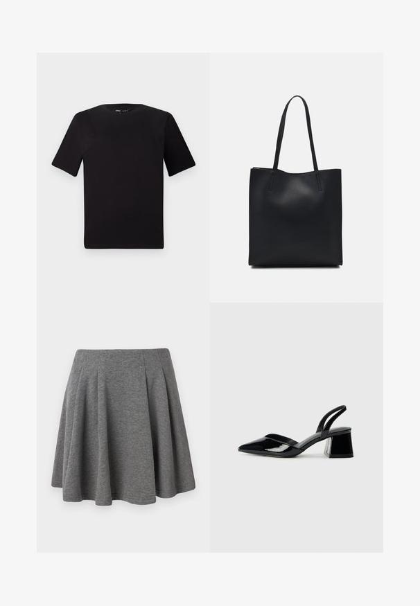 Črna majica s kratkimi rokavi in okroglim izrezom, izdelana iz mehkega bombažnega materiala. Preprost dizajn, brez vidnih logotipov ali vzorcev.; Siva plisirana krila iz mehkega materiala, ki ima prilegajoč pas in razširjeno silhueto, z gladko teksturo in čistim zaključkom.; Črne lakirane slingback pete s koničastim nosom in geometrijsko blokasto peto. Imajo eleganten, minimalističen dizajn in gladko teksturo.; Črna usnjena torba s svilnato teksturo, pravokotne oblike in dvema dolgima ročajema. Brez vidnih metalnih delov ali okrasnih elementov.