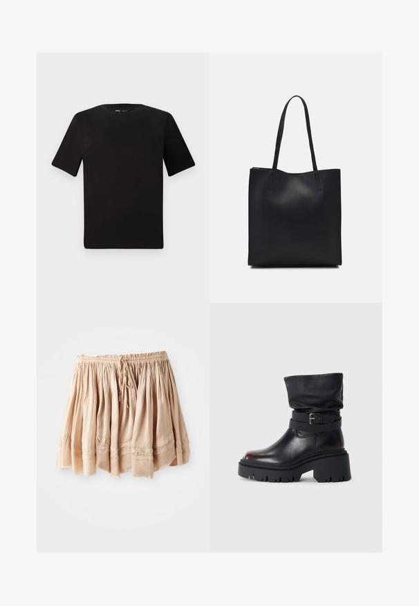 Black short-sleeve t-shirt with a round neckline, crafted from soft cotton fabric. Simple design, no visible logos or patterns.; Light beige, tiered skirt made of soft fabric with an elastic waistband and adjustable drawstring, featuring subtle pleats and stitched accents.; Black leather ankle boot with a slouchy upper, buckle detail, and thick, rugged sole. Features a round toe and smooth texture.; Black leather tote bag with smooth texture, rectangular shape, and two long handles. No visible hardware or embellishments.