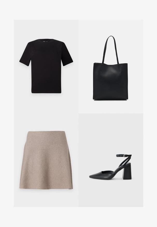 Svart t-skjorte med korte ermer og rund hals, laget av mykt bomullsstoff. Enkelt design, ingen synlige logoer eller mønstre.; En beige, utsvingt skjørt laget av mykt stoff med en glatt tekstur og rene kanter. Enkel design uten synlige mønstre eller utsmykninger.; Svart lær pumps med spiss tå, ankelrem og kraftig hæl. Flat tekstur, strømlinjeformet design og minimalisme.; Svart lær tote bag med glatt tekstur, rektangulær form og to lange håndtak. Ingen synlige deler eller dekorasjoner.