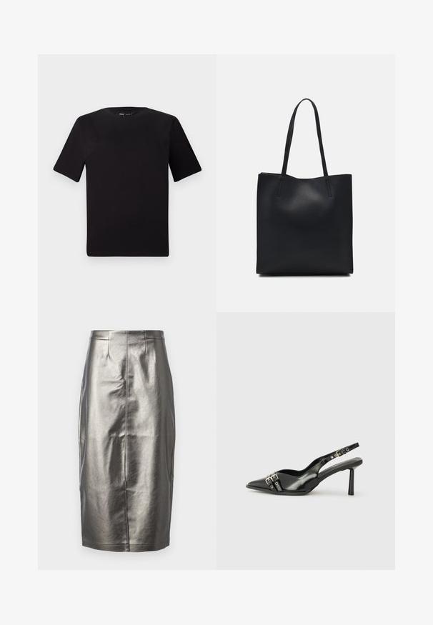 Melnas īsām piedurknēm T-krekls ar apaļu kakla izgriezumu, izgatavots no mīksta kokvilnas auduma. Vienkāršs dizains, bez redzamām logo vai rakstiem.; Metāla sudraba zīmuļa svārki no gludas, spīdīgas vielas. Ar augstu vidukli, aizmugures šķelšanos un centrālo šuvi.; Melnā patentēta ādas sandale ar norādītu purngalu, potītes siksniņām ar sudraba sprādzēm un aparatūru, kā arī smalku papēdi.; Melnas ādas somiņa ar gludu tekstūru, taisnstūra formu un divām garām rokturiem. Nav redzamu aparatūras vai rotājumu.