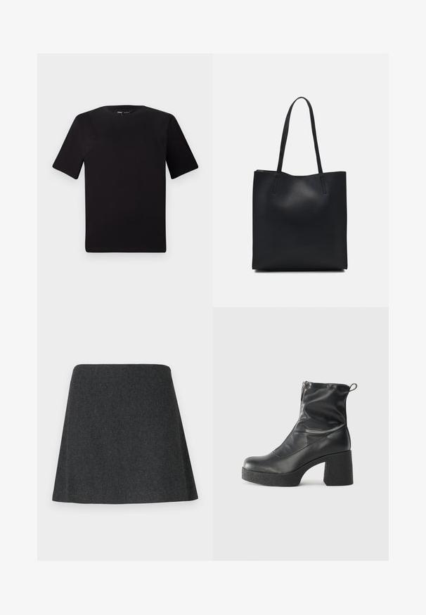 Melnas īsām piedurknēm T-krekls ar apaļu kakla izgriezumu, izgatavots no mīksta kokvilnas auduma. Vienkāršs dizains, bez redzamām logo vai rakstiem.; A-silueta svārki, izgatavoti no tumšas auduma, ar gludu tekstūru un tīru maliņu. Minimālistisks dizains bez redzamiem vieglajiem elementi vai dekorācijas.; Melni potītes zābaki, kas izgatavoti no gludas ādas, ar sānu rāvējslēdzēju, masīvu strukturētu papēdi un noapaļotu purngalu.; Melnas ādas somiņa ar gludu tekstūru, taisnstūra formu un divām garām rokturiem. Nav redzamu aparatūras vai rotājumu.