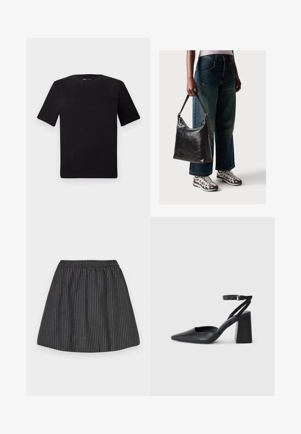Tricou scurt negru cu mânecă scurtă și guler rotund, realizat dintr-un material de bumbac moale. Design simplu, fără logo-uri sau modele vizibile.; Fustă cu dungi negre, dotată cu un talie elastică, prezintă dungi verticale albe, un design evazat și o textură netedă. Potrivită pentru ținute casual.; Pantofii cu toc ascuțit din piele neagră, cu breteaua pentru glezne și toc gros. Textură netedă, design elegant și estetică minimală.; Geantă de umăr din piele neagră, cu o textură netedă și curea ajustabilă, asortată cu blugi evazați și adidași.