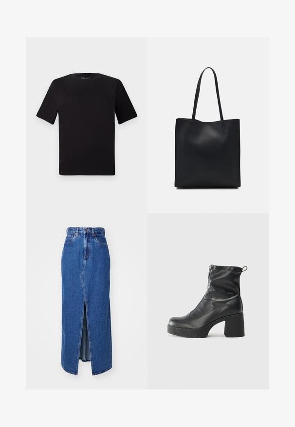 Černé tričko s krátkým rukávem a kulatým výstřihem, vyrobené z měkké bavlněné látky. Jednoduchý design, žádné viditelné logo nebo vzory.; Džínová maxi sukně ve střední modré barvě s předním rozparkem, vysokým pasem a klasickým pětipocketovým designem. Obsahuje kontrastní švy a zapínání na zip.; Černé kotníkové boty vyrobené z hladké kůže, s bočním zipem, robustním strukturovaným podpatkem a kulatou špičkou.; Černá kožená taška přes rameno s hladkým povrchem, obdélníkovým tvarem a dvěma dlouhými uchy. Žádné viditelné kování ani ozdoby.