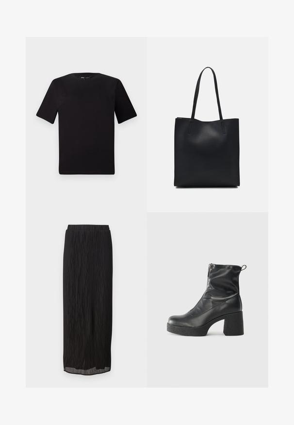 Tricou scurt negru cu mânecă scurtă și guler rotund, realizat dintr-un material de bumbac moale. Design simplu, fără logo-uri sau modele vizibile.; Fustă midi plisată neagră cu talie elastică și croială dreaptă. Materialul are dungi verticale pentru un plus de textură.; Bocanci negri de glezna din piele netedă, cu fermoar lateral, toc texturat și masiv, și design cu vârf rotund.; Geantă tote neagră din piele, cu textură netedă, formă rectangulară și două mânere lungi. Fără hardware vizibil sau ornamente.