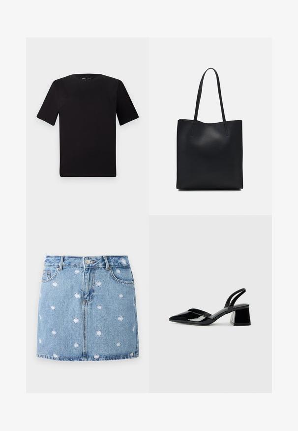 Μαύρο κοντομάνικο μπλουζάκι με στρογγυλή λαιμόκοψη, κατασκευασμένο από απαλό βαμβακερό ύφασμα. Απλός σχεδιασμός, χωρίς ορατά λογότυπα ή μοτίβα.; Ανοιχτό μπλε τζιν φούστα με λευκά κεντημένα σχέδια λουλουδιών, πέντε τσέπες και μπροστινό κούμπωμα, σε ίσια, μίνι μήκους κοπή.; Μαύρα πατεντέ δερμάτινα γοβάκια slingback με μυτερή μύτη και γεωμετρικό τακούνι. Έχουν κομψό, μινιμαλιστικό σχέδιο και λεία υφή.; Μαύρη δερμάτινη τσάντα tote με λείο υφή, ορθογώνιο σχήμα και δύο μακριές λαβές. Χωρίς ορατό υλικό ή διακοσμητικά στοιχεία.