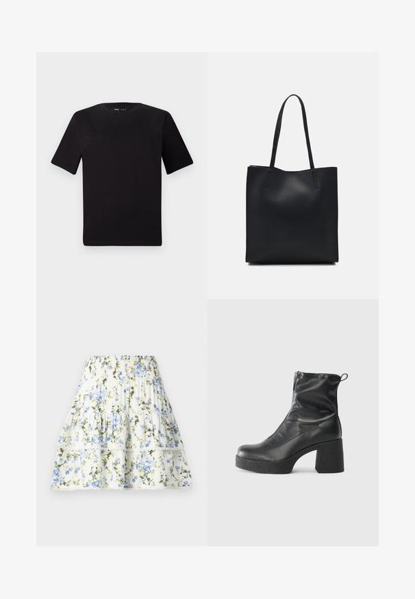 Melnas īsām piedurknēm T-krekls ar apaļu kakla izgriezumu, izgatavots no mīksta kokvilnas auduma. Vienkāršs dizains, bez redzamām logo vai rakstiem.; Ziedu svārki baltā krāsā ar ziliem un zaļiem ziediem, elastīga josta, līmeņu dizains un mežģīņu apdare apakšmalā. Viegls audums.; Melni potītes zābaki, kas izgatavoti no gludas ādas, ar sānu rāvējslēdzēju, masīvu strukturētu papēdi un noapaļotu purngalu.; Melnas ādas somiņa ar gludu tekstūru, taisnstūra formu un divām garām rokturiem. Nav redzamu aparatūras vai rotājumu.