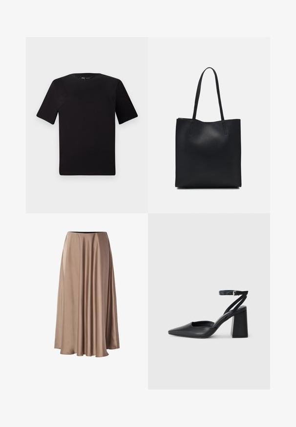 Čierne tričko s krátkym rukávom a okrúhlym výstrihom, vyrobené z mäkkej bavlny. Jednoduchý dizajn, bez viditeľných log alebo vzorov.; Dlhá A-čková sukňa vyrobená z hladkej, lesklej látky vo svetlo béžovej farbe. Má elastický pás a voľný splývavý strih.; Čierne kožené lodičky s špicatou špičkou a členkovým remienkom, s masívnym podpätkom. Hladký povrch, elegantný dizajn a minimalistická estetika.; Čierna kožená taška na rameno s hladkým povrchom, obdĺžnikovým tvarom a dvoma dlhými uchami. Bez viditeľného kovania alebo ozdôb.