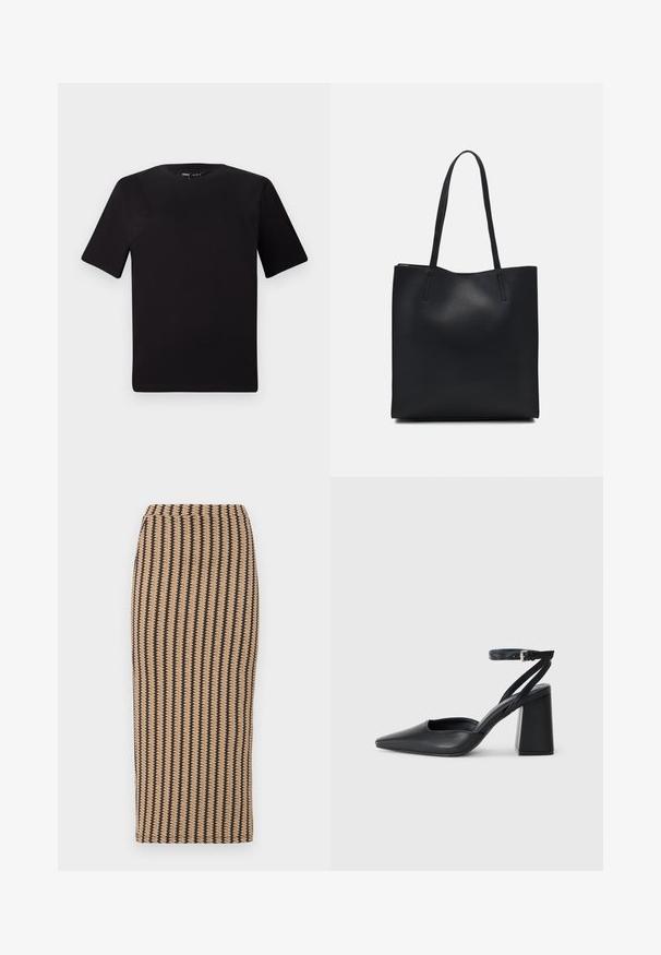 Fekete, rövid ujjú póló, kerek nyakkal, puha pamutból készült. Egyszerű dizájn, nincs látható logó vagy minta.; Bézs színű, kötött ceruzaszoknya függőleges fekete csíkokkal. Középhosszú, testhezálló kialakítás sima textúrával és egyszerű derékrésszel. Nincsenek látható zárók.; Fekete bőr, hegyes orrú magassarkú cipő boka pánttal és vastag sarokkal. Sima textúra, elegáns dizájn és minimális esztétika.; Fekete bőrtáska sima felszínnel, téglalap alakú, két hosszú füllel. Nincs látható fémkiegészítő vagy díszítés.