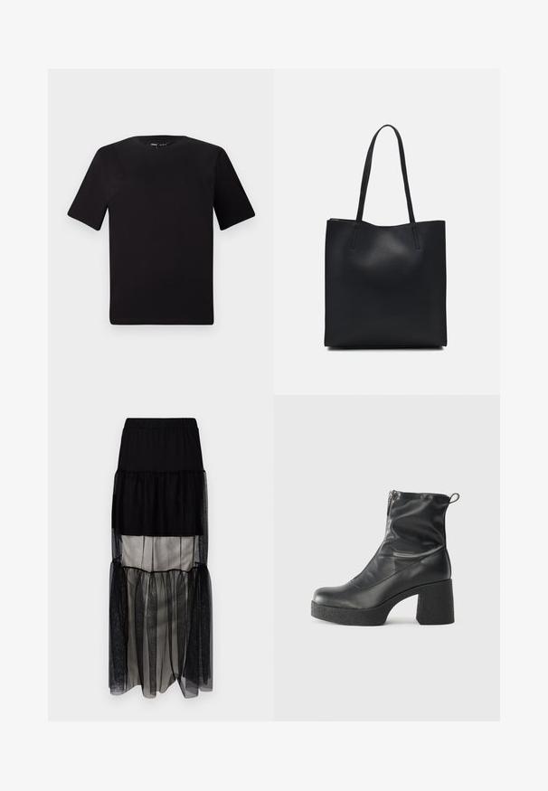 Camiseta negra de manga corta con cuello redondo, fabricada en suave algodón. Diseño simple, sin logos ni patrones visibles.; Falda maxi negra de capas con una cinturilla elástica, que presenta paneles de tul transparente, un forro de satén en contraste y una silueta fluida.; Botines negros de tobillo, hechos de cuero suave, con cierre lateral, tacón grueso texturizado y diseño de punta redondeada.; Bolso tote de cuero negro con textura lisa, forma rectangular y dos asas largas. Sin herrajes ni adornos visibles.