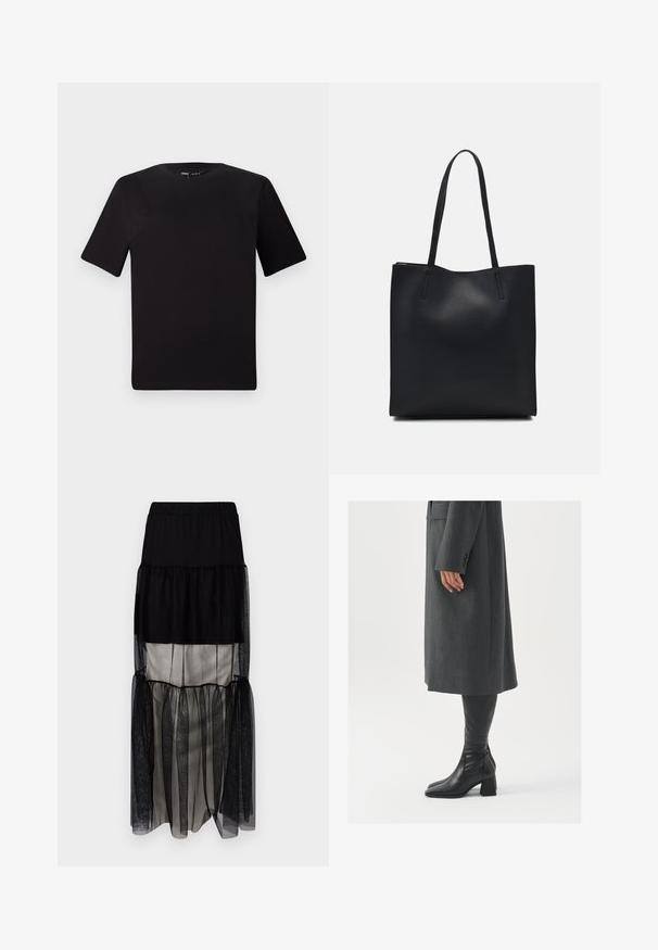 T-shirt noir à manches courtes avec un col rond, fabriqué en coton doux. Design simple, sans logos ni motifs visibles.; Jupe maxi noire à plusieurs couches avec une taille élastique, dotée de panneaux en tulle transparent, d'une doublure en satin contrastante et d'une silhouette fluide.; Manteau gris taillé à coupe droite ; associé à des bottes en cuir noir jusqu'au genou avec un bout carré et un talon épais.; Sac fourre-tout en cuir noir avec une texture lisse, de forme rectangulaire et deux longues poignées. Pas de matériel ou d'ornementations visibles.
