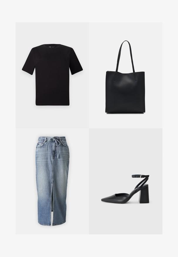 Juodas trumpas rankovės marškinėlis su apvaliu iškirpimu, pagamintas iš minkštos medvilnės medžiagos. Paprastas dizainas, be matomų logotipų ar raštų.; Šviesiai mėlyna džinsinė sijonas iki vidurio su priekinėmis skeltuvėmis, raišteliu reguliuojama juosmens linija ir klasikinio penkių kišenių dizainu. Lygus paviršius, kasdieniškas stilius.; Juoda odinė smailiagalė aukštakulnio bateliai su kulkšnies dirželiu ir storu kulnu. Lygus paviršius, elegantiškas dizainas ir minimalistiška estetinė. ; Juodas odinis tote krepšys su lygia tekstūra, stačiakampio formos ir dviem ilgais rankenomis. Matomų metalinių detalių ar puošybos nėra.
