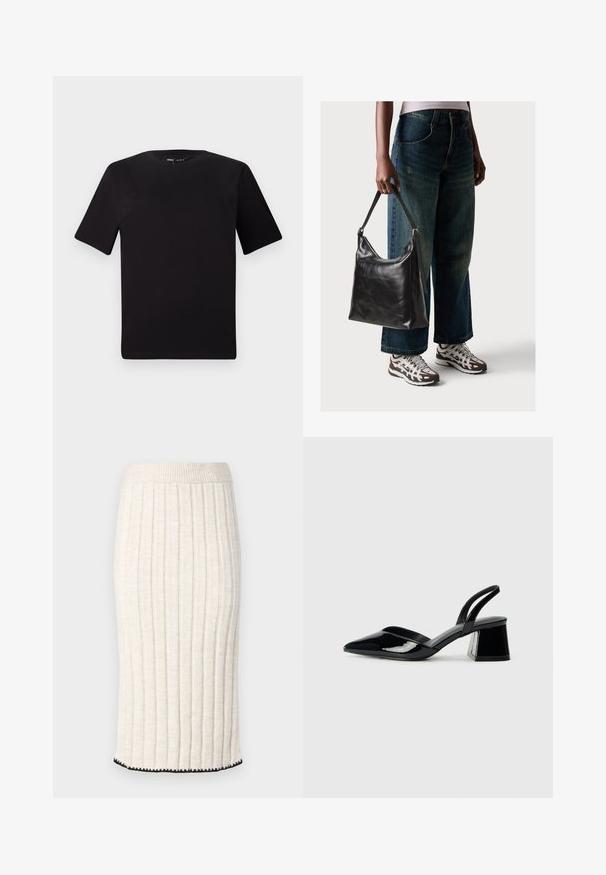 T-shirt preta de mangas curtas com decote redondo, feita de tecido de algodão suave. Design simples, sem logótipos ou padrões visíveis.; Saia midi em tricot cor off-white, com riscas verticais, cintura justa e barra preta em formato ondulado. Textura suave com um caimento leve.; Sandy em verniz preto com salto slingback, ponta afilada e salto geométrico. Apresenta um design elegante e minimalista com textura suave.; Bolsa de ombro em couro preto com textura suave e alça ajustável, combinada com jeans de perna larga desbotados e ténis desportivos.