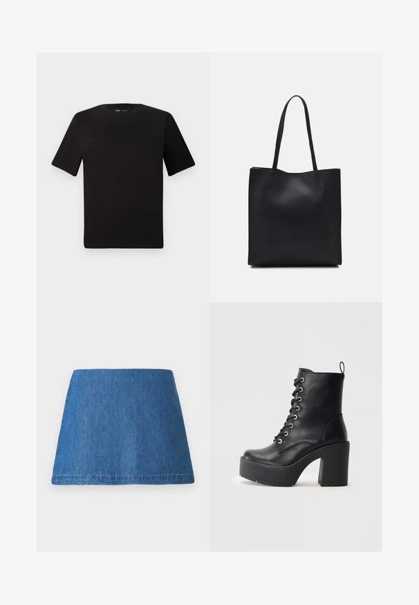 Zwarte T-shirt met korte mouwen en een ronde hals, gemaakt van zachte katoenstof. Eenvoudig ontwerp, geen zichtbare logo's of patronen.; Denim mini-jurk in een middelblauwe tint, met een klassieke A-lijnvorm, een nette zoom en zonder zichtbare versieringen of patronen.; Zwarte leren enkellaars met een stevige blokhak, vetersluiting aan de voorkant en een gestructureerd oppervlak. Heeft een lipje aan de achterkant voor gemakkelijk aan- en uittrekken.; Zwarte leren handtas met een gladde textuur, rechthoekige vorm en twee lange handvaten. Geen zichtbare hardware of versieringen.
