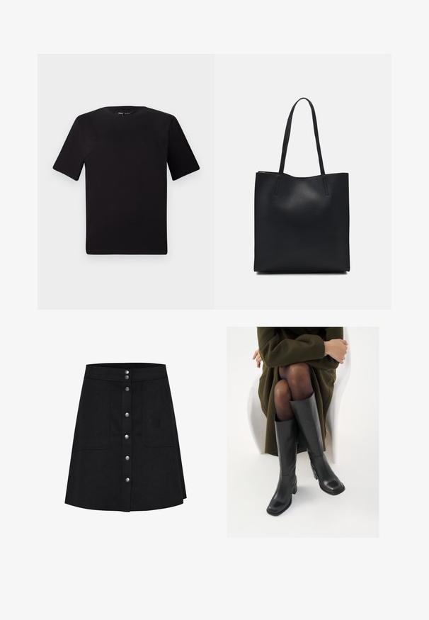 T-shirt nera a maniche corte con scollatura rotonda, realizzata in morbido cotone. Design semplice, senza loghi o motivi visibili.; Gonna nera a trapezio realizzata in tessuto strutturato, con chiusura frontale a bottoni, due tasche laterali e orlo a lunghezza ginocchio.; Stivali neri in pelle alti fino al ginocchio con punta squadrata e tacco a blocco, mostrati con un modello seduto in un cappotto verde oliva. Texture liscia, dettagli minimi.; Borsa tote in pelle nera con texture liscia, forma rettangolare e due manici lunghi. Nessun hardware o decorazione visibile.
