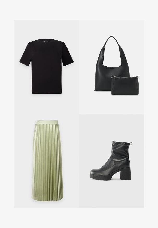 Crna majica kratkih rukava s okruglim izrezom, izrađena od mekane pamučne tkanine. Jednostavan dizajn, bez vidljivih logotipa ili uzoraka.; Plisirana midi suknja u svijetlozelenom satenu s glatkom teksturom. Prilagođeni struk, pada do sredine lista, s ravnomjernim vertikalnim plisiranim detaljima tijekom cijele dužine.; Crne gležnjače od glatke kože, s bočnim zatvaračem, debelim teksturiranim potplatom i dizajnom s zaobljenim prstima.; Even&Odd Ručna torba - black