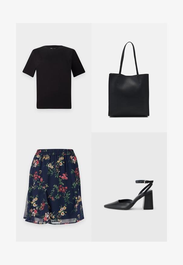 T-shirt preta de mangas curtas com decote redondo, feita de tecido de algodão suave. Design simples, sem logótipos ou padrões visíveis.; Saia floral com uma cintura elástica, apresentando um fundo azul-marinho adornado com padrões de flores vermelhas, amarelas e verdes. Tecido leve.; Sandal com biqueira afilada em couro preto, com cinta no tornozelo e salto grosso. Textura lisa, design elegante e estética minimalista.; Bolsa tote preta em couro com textura lisa, forma retangular e duas alças longas. Sem hardware ou enfeites visíveis.